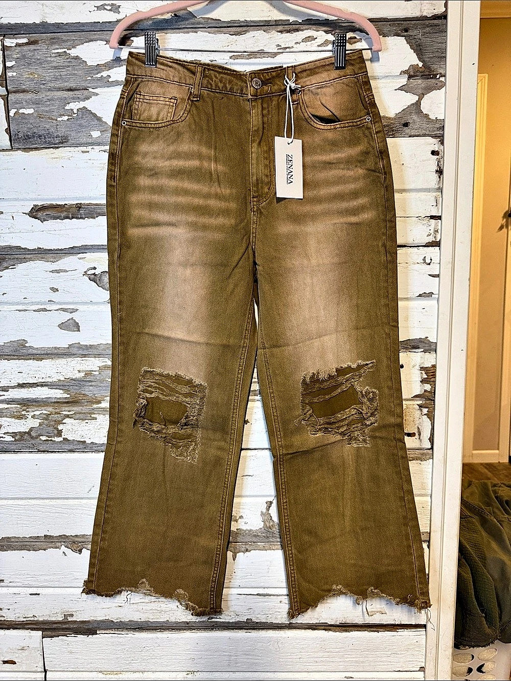 ZENANA Acid Wash High Waist Frayed Hem Wide Leg Jeans Brown  ((024